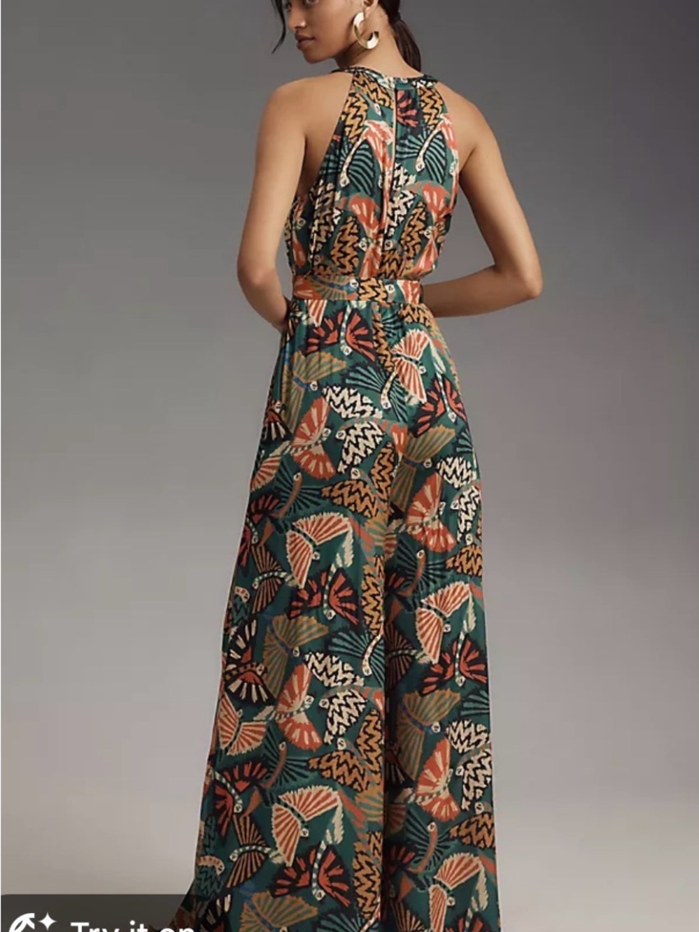 FARM Rio Teal & Coral Fan-Print Halter Wide-Leg Jumpsuit - Picture 2 of 6